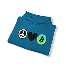 Load image into Gallery viewer, Peace, Love, Bitcoin Hoodie
