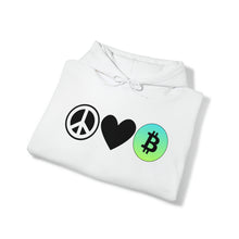 Load image into Gallery viewer, Peace, Love, Bitcoin Hoodie
