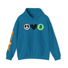 Load image into Gallery viewer, Peace, Love, Bitcoin Hoodie
